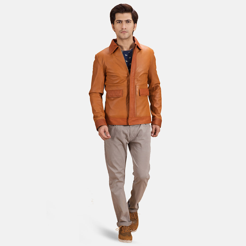 
Vue détaillée of Shirt & Zipper with wind flap Hardware on Hubert Camel Marron Veste en Cuir pour Homme
