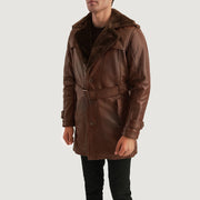 
Distressed Brown Sheepskin Burnishing Winter Jacket - Vue arrière montrant la carrure ajustée et l'ourlet net