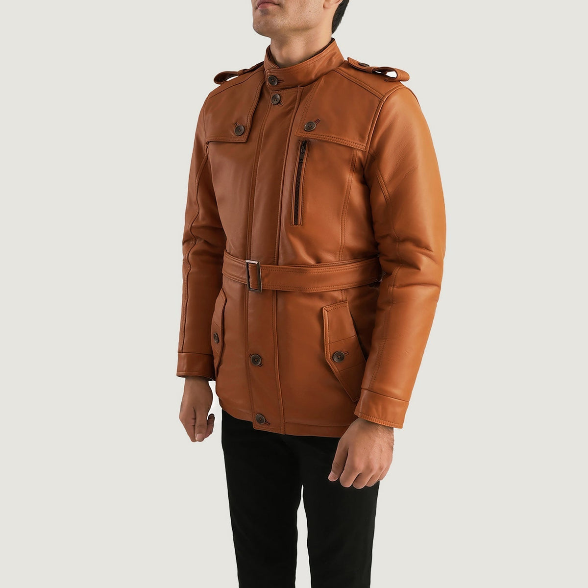 
Tan Brown Sheepskin Leather Aviator Jacket - Vue arrière montrant la carrure ajustée et l'ourlet net