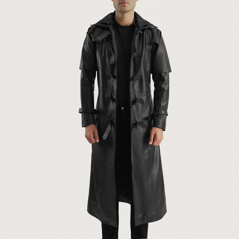 Huntsman Noir Hooded Trench-Manteau en Cuir en Cuir pour Homme