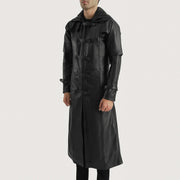 
Black. Cowhide Leather Trench Coat - Vue arrière montrant la carrure ajustée et l'ourlet net