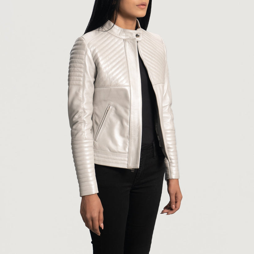 Ice Maiden Silver Matelassé Veste Motard en Cuir pour Femme