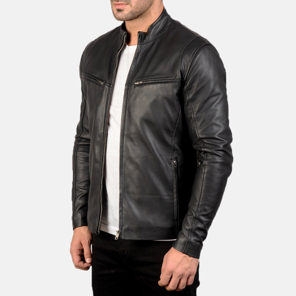 Black Sheepskin Leather Biker Jacket - Back View Showing Tailored Shoulder Fit & Clean Hemline