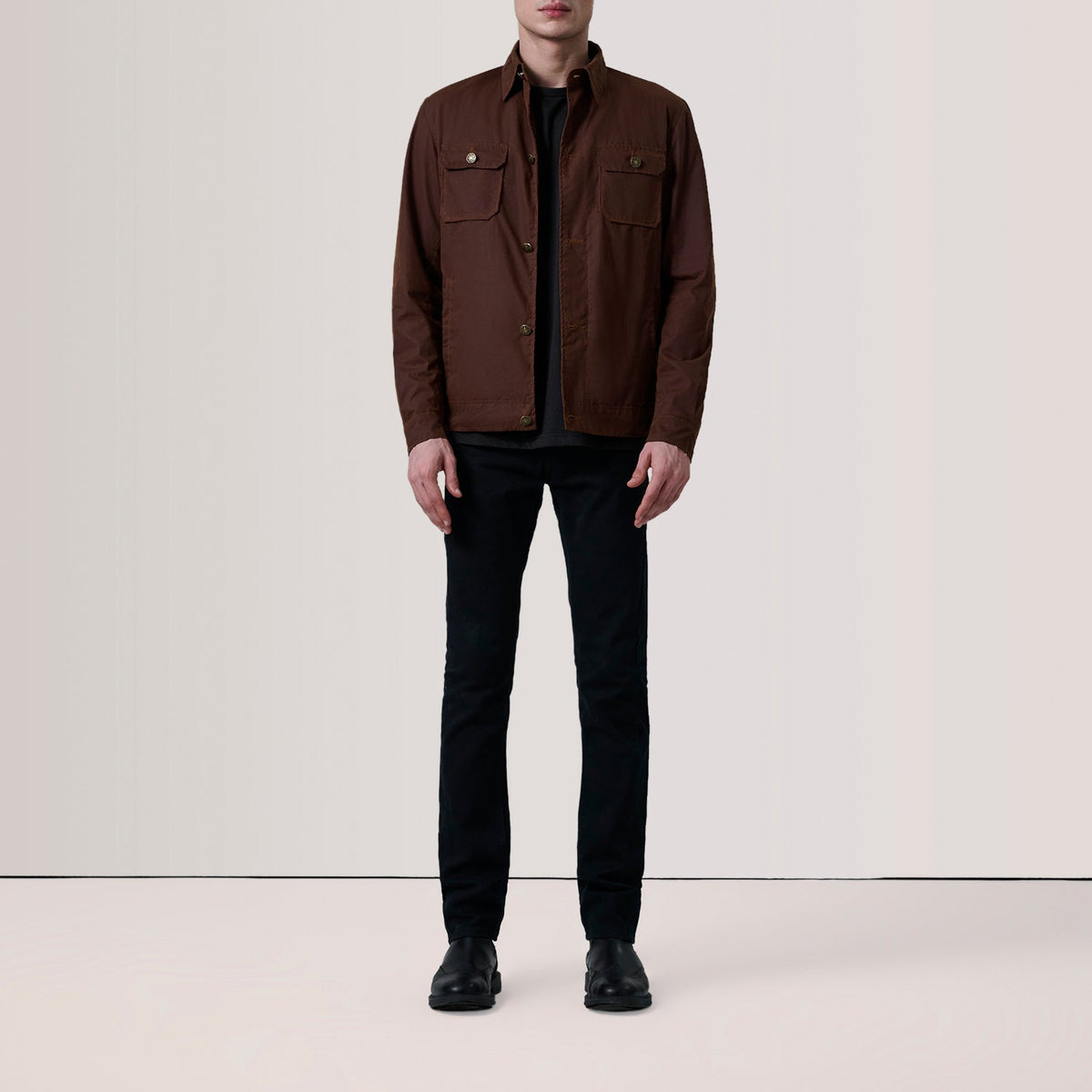 Brown Waxed Cotton Canvas Leather Jacket - Vue de dos avec coupe ajustée aux épaules &amp; ourlet soigné