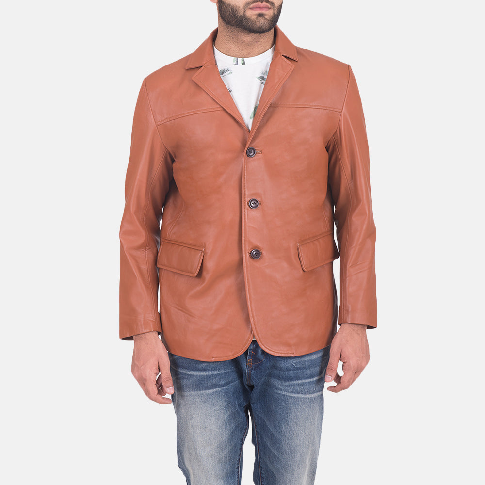 James Tan Brown Leather Blazer in Brown Sheepskin Leather - Vue de face &amp; silhouette ajustée | Acheter en ligne