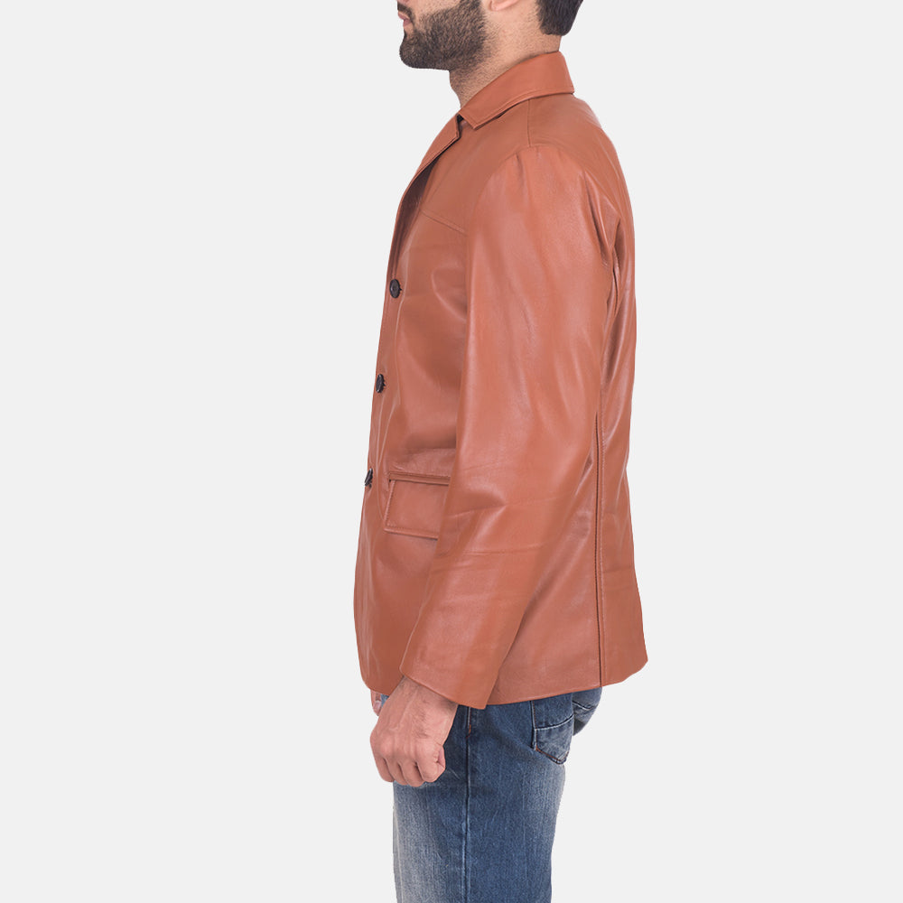 James Tan Brown Leather Blazer - Vue de profil avec coupe de manche ergonomique