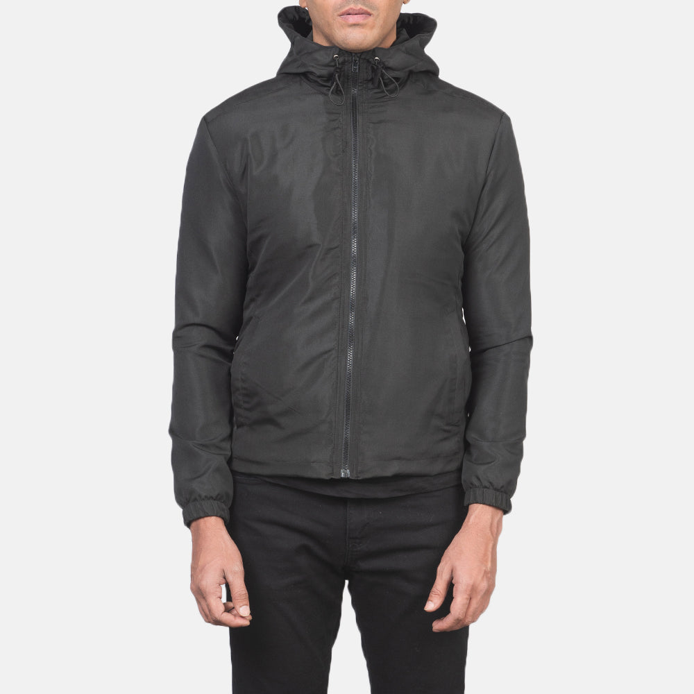 
Vue détaillée of High Neck with Hood & Zipper with wind flap Hardware on Jimmy Noir Hooded Windbreaker Veste en Cuir pour Homme
