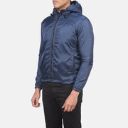 
Blue Nylon Hooded Jacket - Vue arrière montrant la carrure ajustée et l'ourlet net