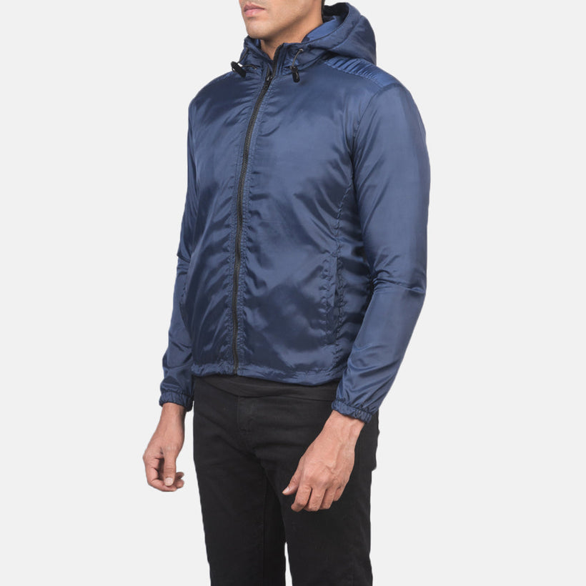 Jimmy Bleu Hooded Windbreaker Veste en Cuir pour Homme