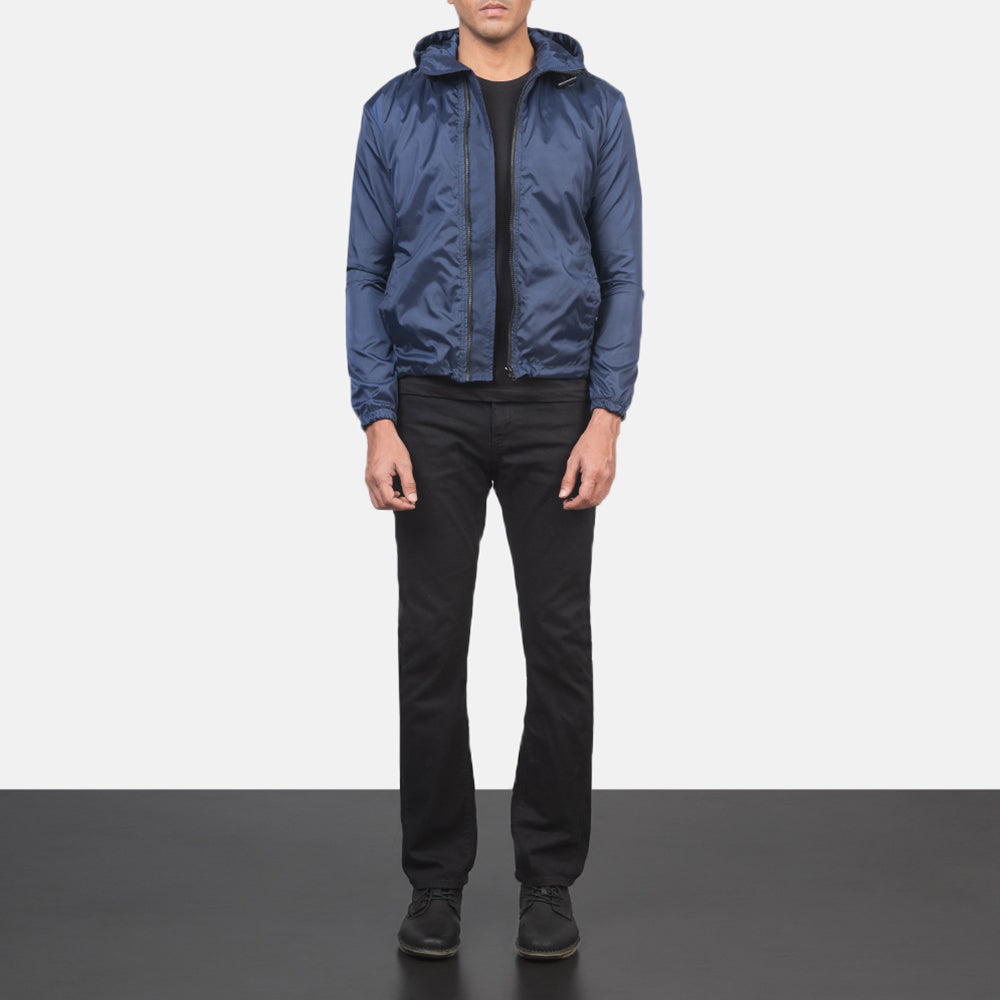 Jimmy Blue Hooded Windbreaker Jacket - Vue de profil mettant en valeur la coupe de manche ergonomique