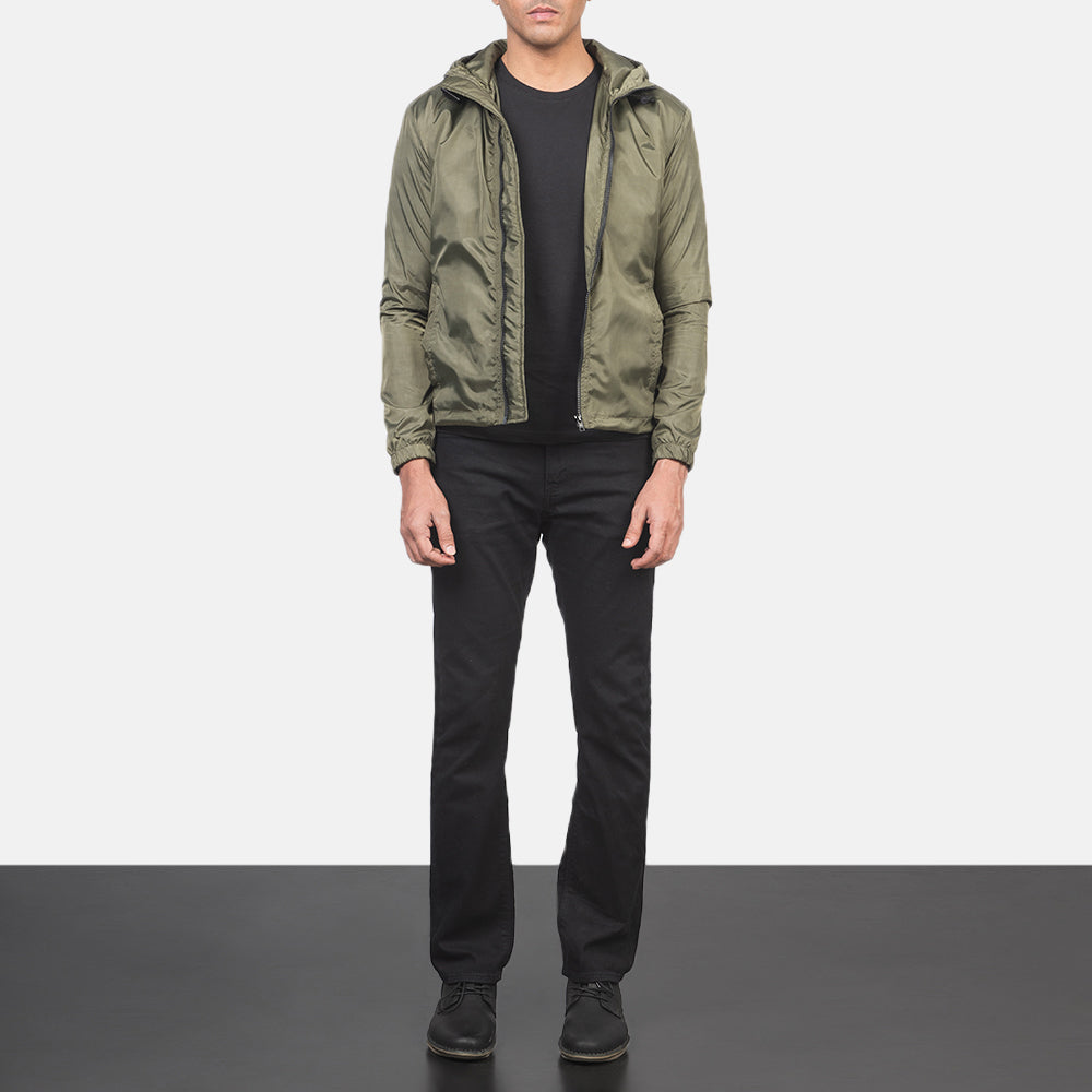 
Jimmy Vert Hooded Windbreaker Veste en Cuir pour Homme - Vue de profil mettant en valeur la coupe de manche ergonomique