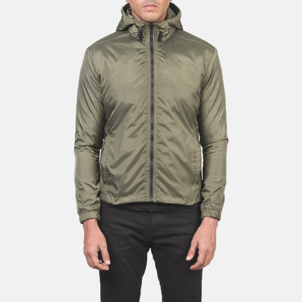 
Vue détaillée of High Neck with Hood & Zipper with wind flap Hardware on Jimmy Vert Hooded Windbreaker Veste en Cuir pour Homme