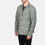 
Grey Poly-Cotton Leather Blazer - Vue arrière montrant la carrure ajustée et l'ourlet net