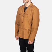 
Khaki Poly-Cotton Leather Blazer - Vue arrière montrant la carrure ajustée et l'ourlet net