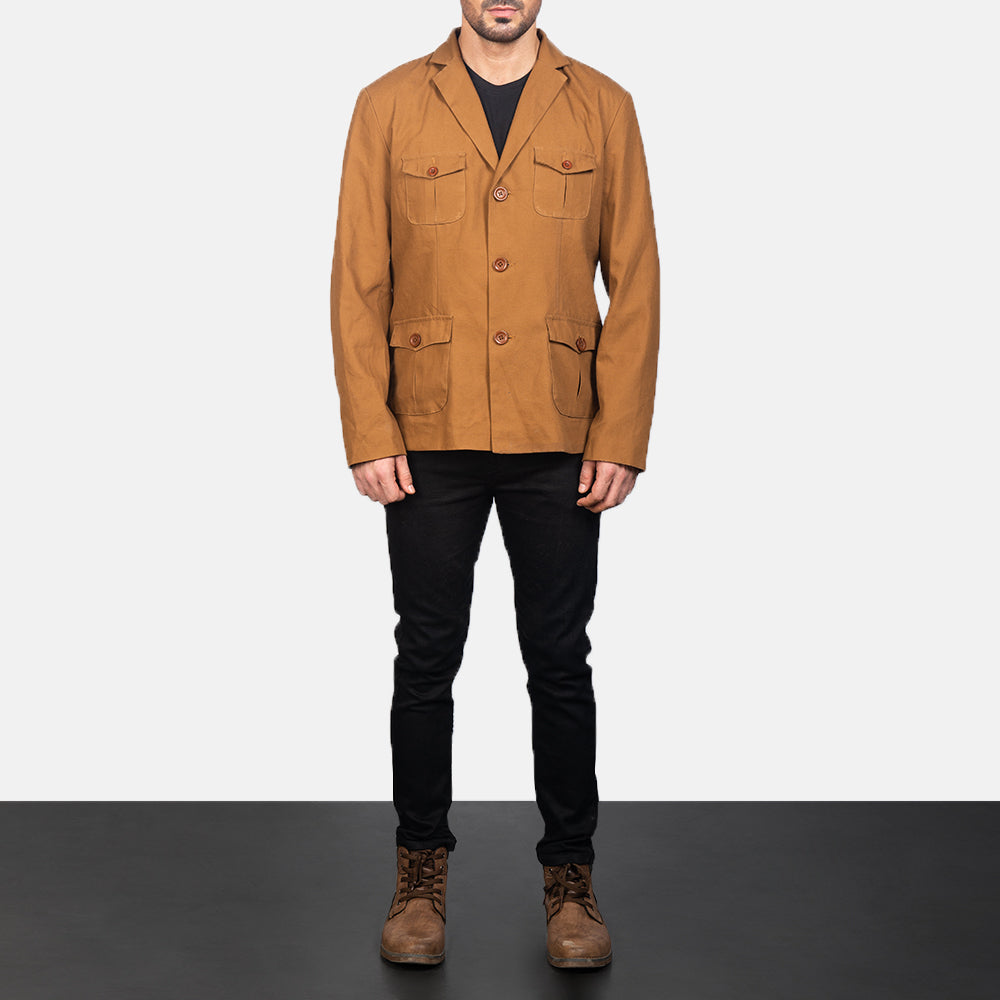 
Kajetan Khaki Safari Veste en Cuir pour Homme - Vue de profil mettant en valeur la coupe de manche ergonomique