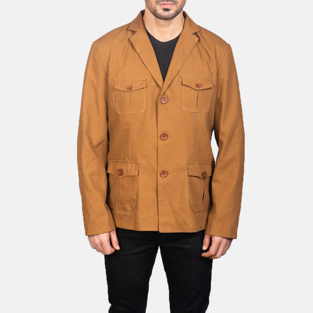 
Vue détaillée of Notch & Button Hardware on Kajetan Khaki Safari Veste en Cuir pour Homme