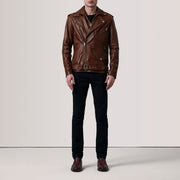 Distressed Brown Sheepskin Burnished Biker Jacket - Vue de dos avec coupe ajustée aux épaules &amp; ourlet soigné