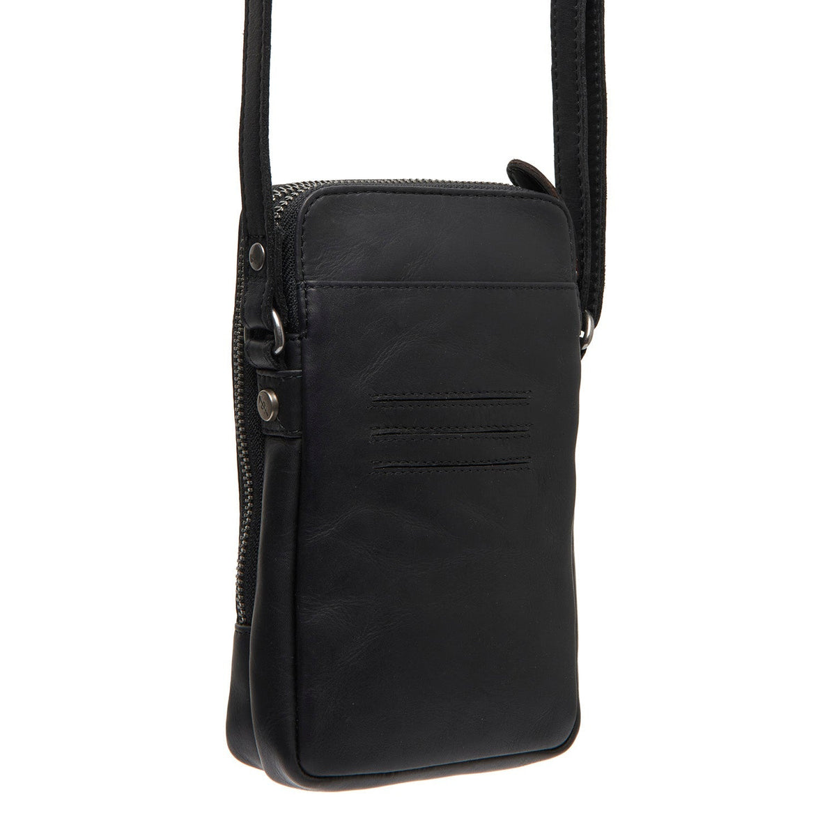 Tailored Rib Cuffs &amp; Hem Craftsmanship Construction Detail on Alesund Full-Grain Leather Phone Bag pour Femme