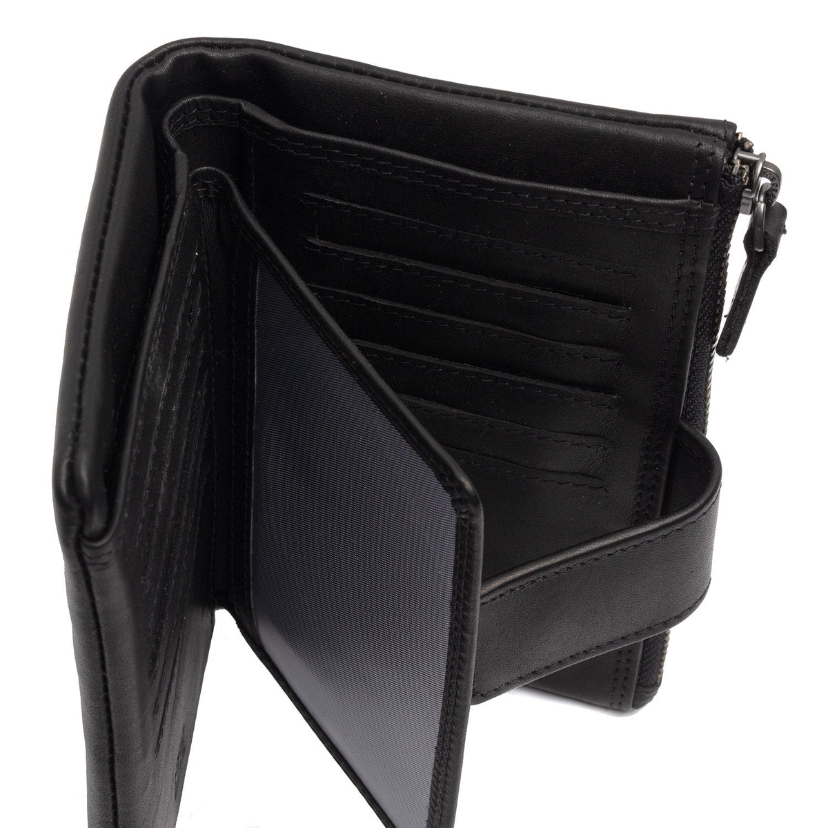Solid Antique Brass Hardware &amp; Heavy-Duty Dual Zipper Detail on Landau Full-Grain Portefeuille en Cuir pour Femme