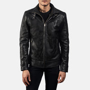 
Vue détaillée of High neck with Belt & Zipper Hardware on Legacy Noir Veste Motard en Cuir pour Homme