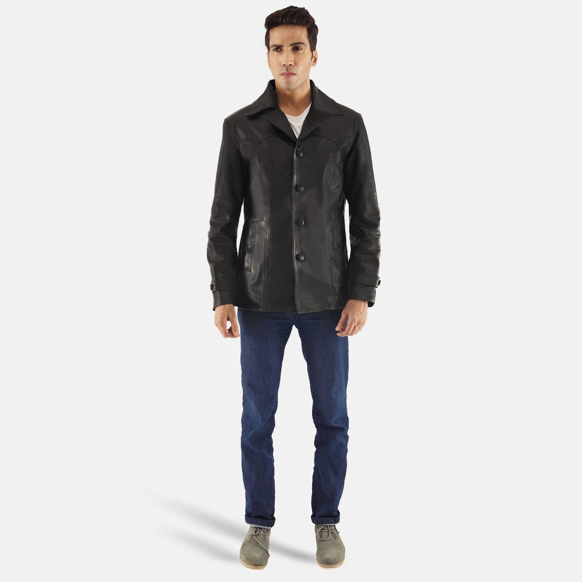 Leo Noir Manteau en Cuir pour Homme - Vue de profil mettant en valeur la coupe de manche