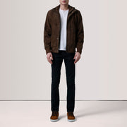Styled Fit Perspective of Lester Marron Suede Blouson Bomber en Cuir pour Homme For Men on Model - Natural Daylight Drape