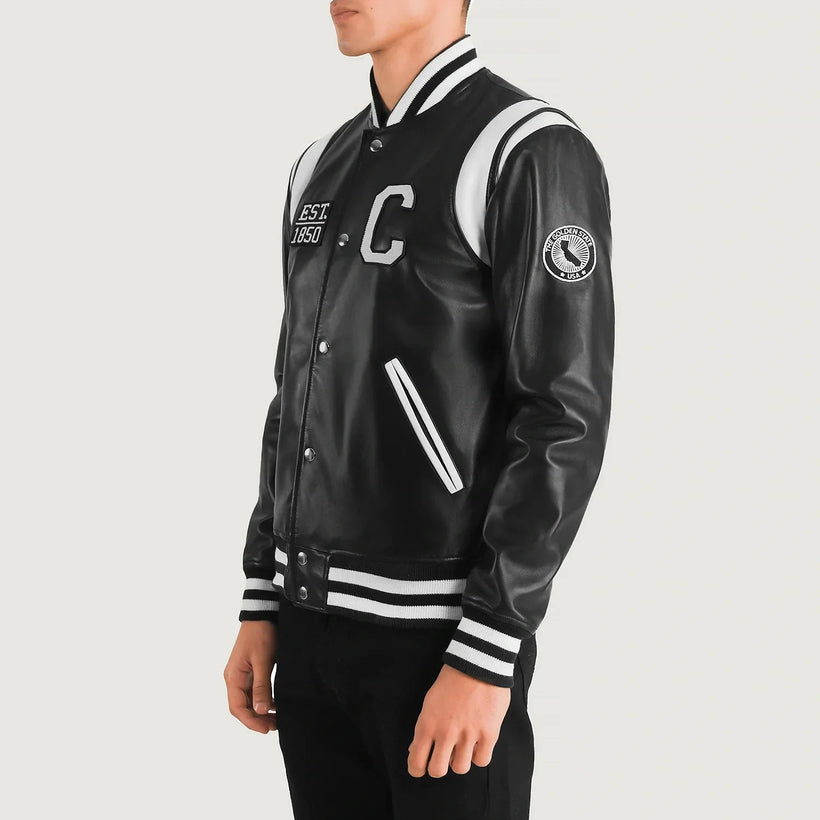 Liberte California Noir Leather Varsity Veste en Cuir pour Homme