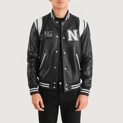 
Liberte New York Noir Leather Varsity Veste en Cuir pour Homme in Black & White Sheepskin Leather - Vue de face & silhouette ajustée | Acheter en ligne