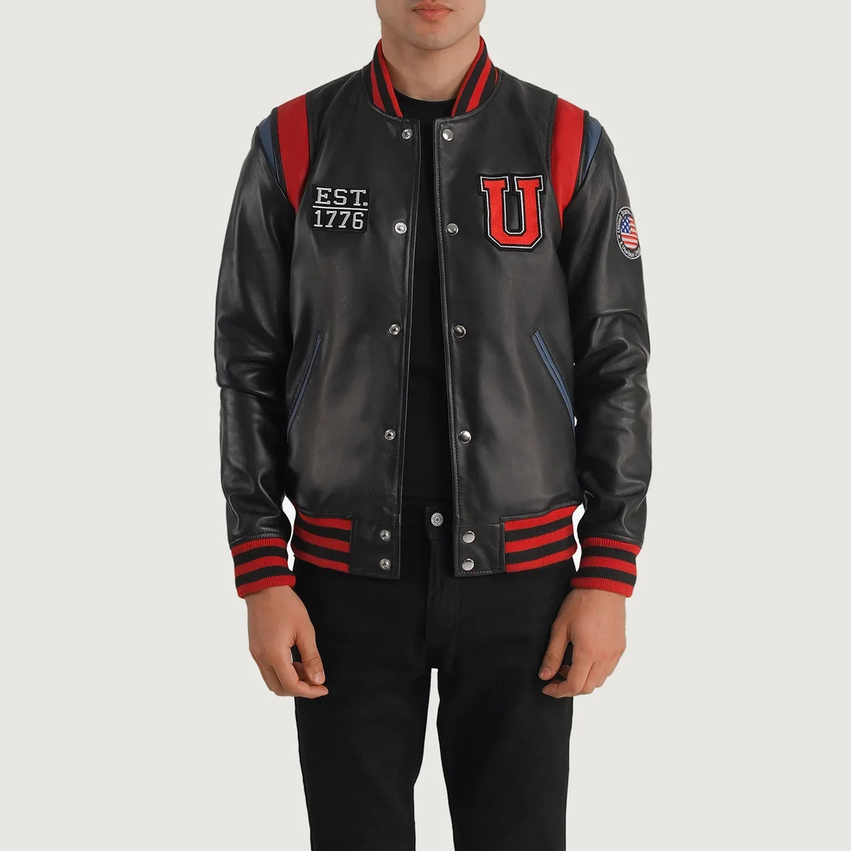 Liberte USA Black Leather Varsity Jacket in Black Sheepskin Leather - Vue de face &amp; silhouette ajustée | Acheter en ligne