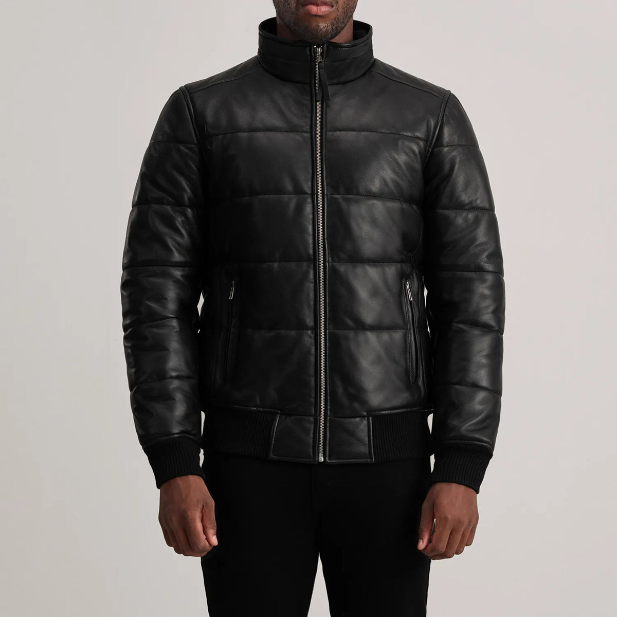 
Vue détaillée of High neck & Zipper Hardware on Lucas Blue Leather Puffer Bomber Jacket