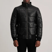 
Vue détaillée of High neck & Zipper Hardware on Lucas Blue Leather Puffer Bomber Jacket