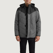 
Luka Noir & Gris Hooded Puffer Veste en Cuir pour Homme - Vue de profil mettant en valeur la coupe de manche ergonomique