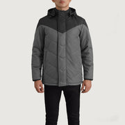 
Vue détaillée of Classic Collar & Zipper With Velcro Placket Hardware on Luka Noir & Gris Hooded Puffer Veste en Cuir pour Homme