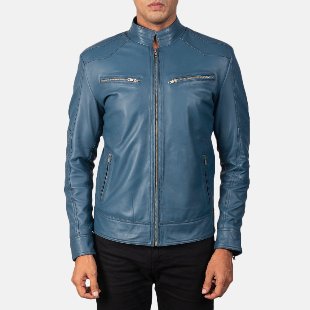 Vue détaillée of Band &amp; Zipper Hardware on Mack Bleu Veste Motard en Cuir pour Homme