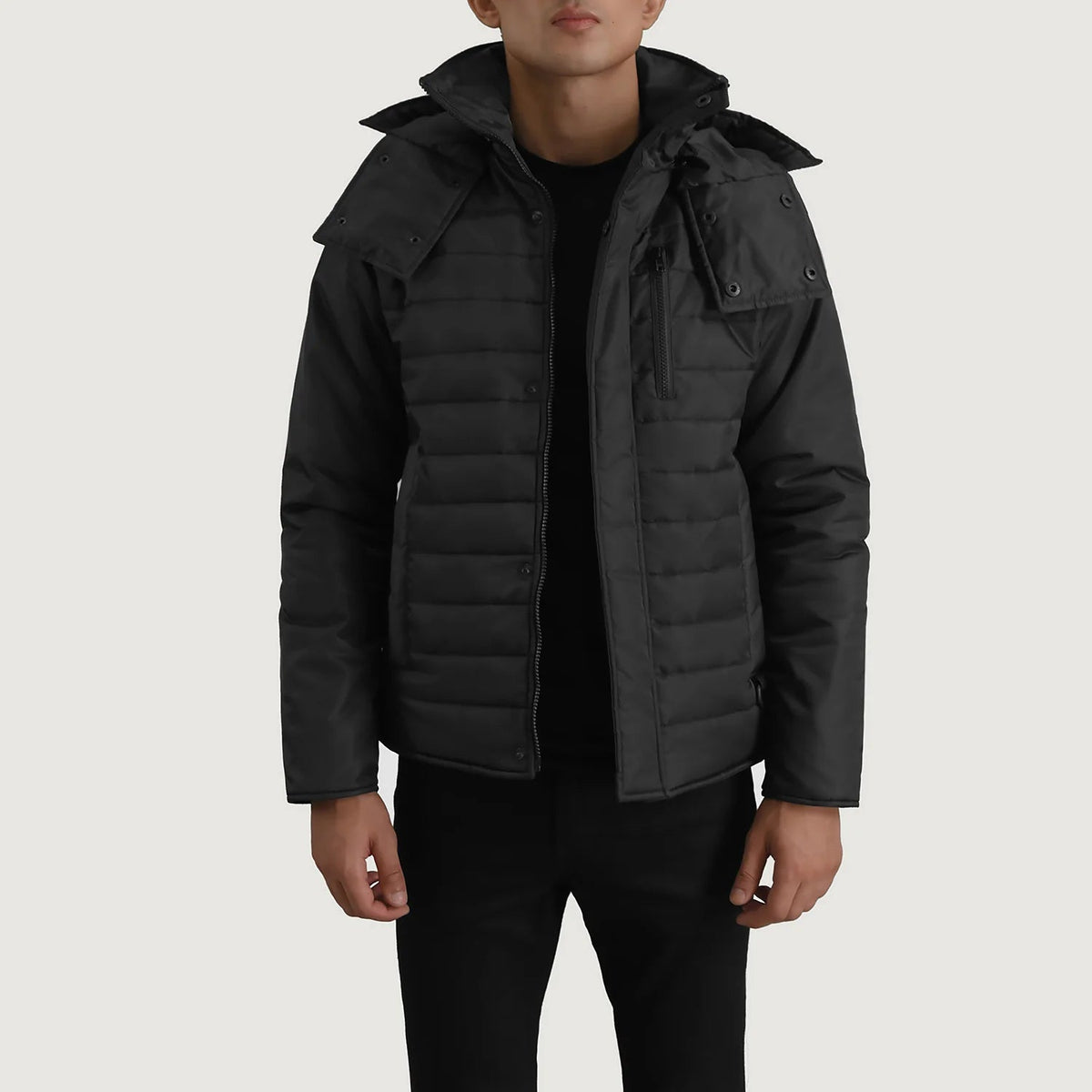 
Malcolm Noir Hooded Puffer Veste en Cuir pour Homme en cuir de vachette noir véritable - Vue de face & silhouette ajustée | Acheter en ligne