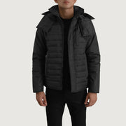 
Malcolm Noir Hooded Puffer Veste en Cuir pour Homme en cuir de vachette noir véritable - Vue de face & silhouette ajustée | Acheter en ligne