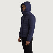 
Blue Full-Grain Leather Hooded Jacket - Vue arrière montrant la carrure ajustée et l'ourlet net