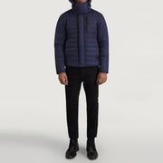 
Malcolm Bleu Hooded Puffer Veste en Cuir pour Homme - Vue de profil mettant en valeur la coupe de manche ergonomique