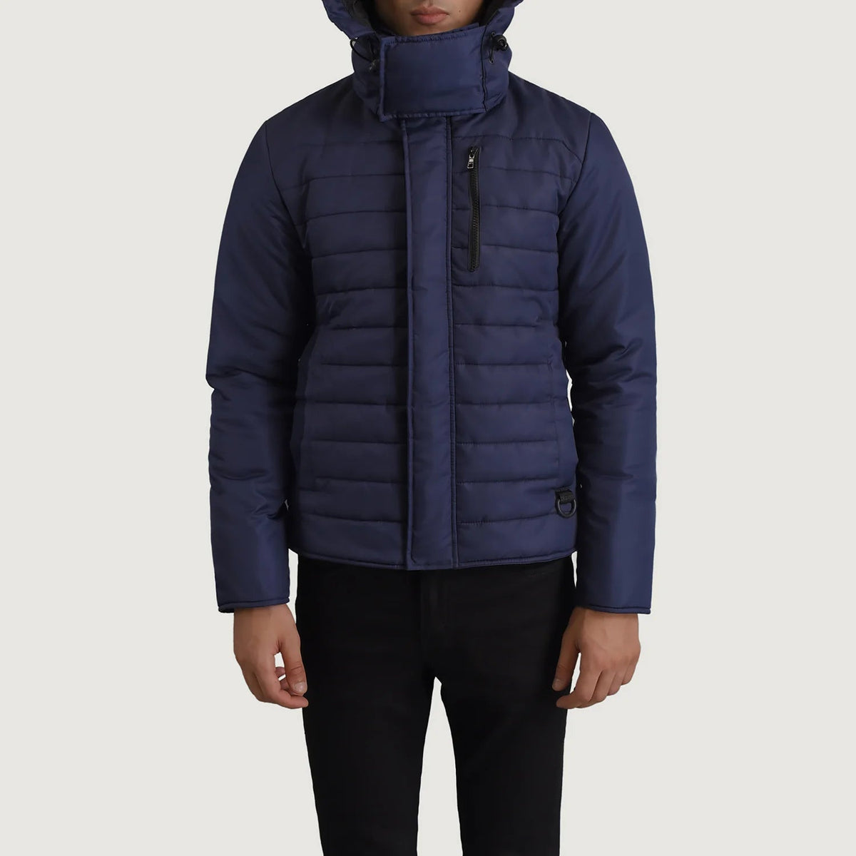 
Vue détaillée of Classic Collar & Zipper With Placket Hardware on Malcolm Bleu Hooded Puffer Veste en Cuir pour Homme