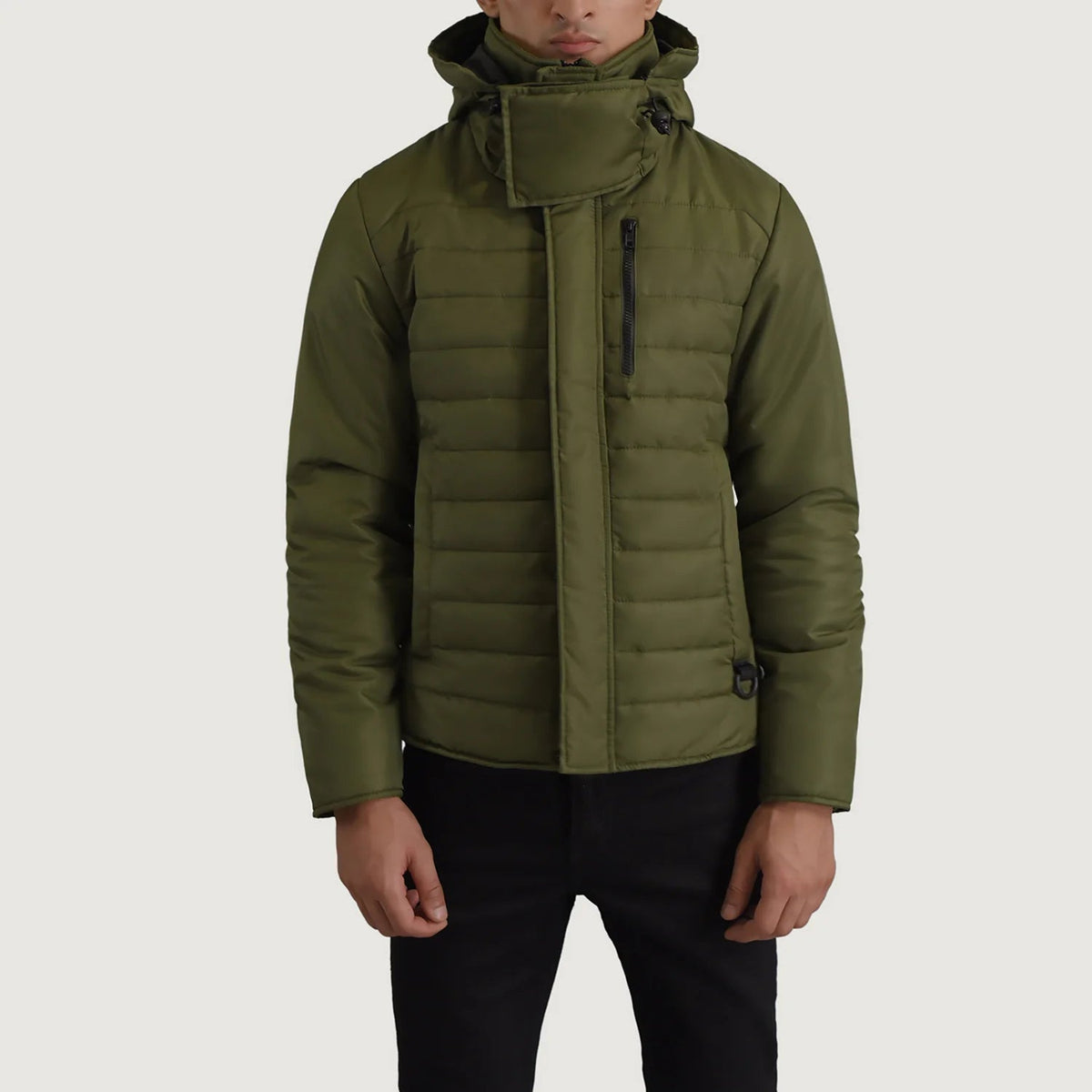 
Malcolm Vert Hooded Puffer Veste en Cuir pour Homme - Vue de profil mettant en valeur la coupe de manche ergonomique