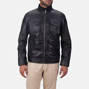 
Maurice Noir Veste en Cuir pour Homme in Black Sheepskin Leather - Vue de face & silhouette ajustée | Acheter en ligne