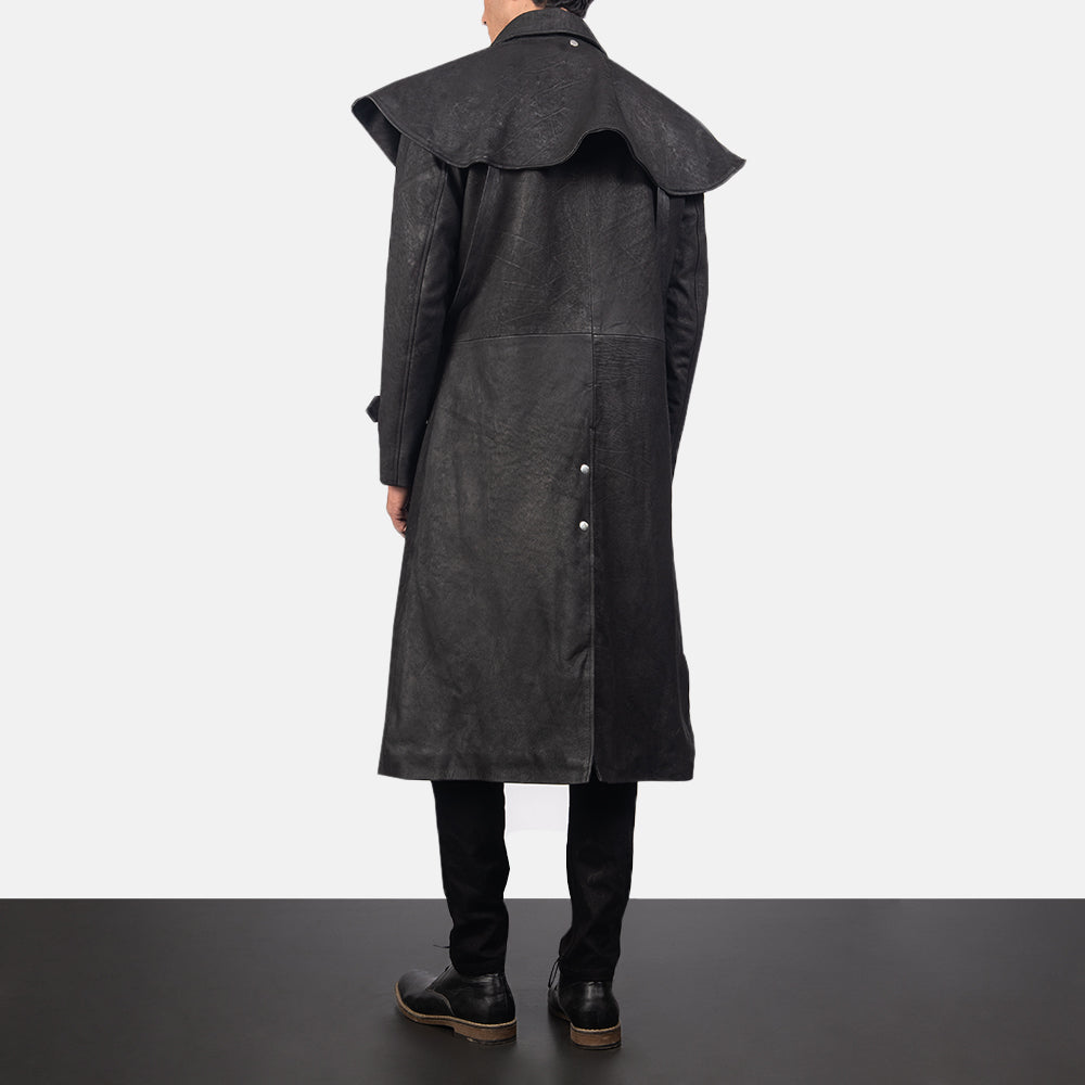 
Maverick Noir Leather Duster pour Homme - Vue de profil mettant en valeur la coupe de manche ergonomique