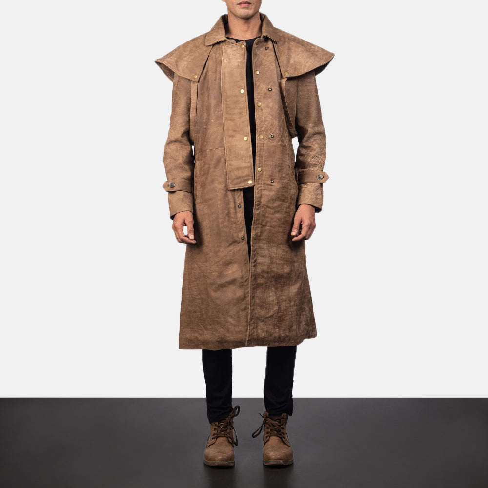 Men's Maverick Marron Leather Duster pour Homme in Distressed Brown Sheepskin Snuffed - Vue de face &amp; silhouette ajustée | Acheter en ligne