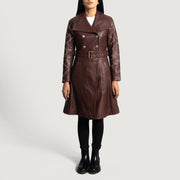 
Maroon Sheepskin Leather Trench Coat - Vue arrière montrant la carrure ajustée et l'ourlet net