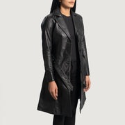
Black Sheepskin Leather Trench Coat - Vue arrière montrant la carrure ajustée et l'ourlet net