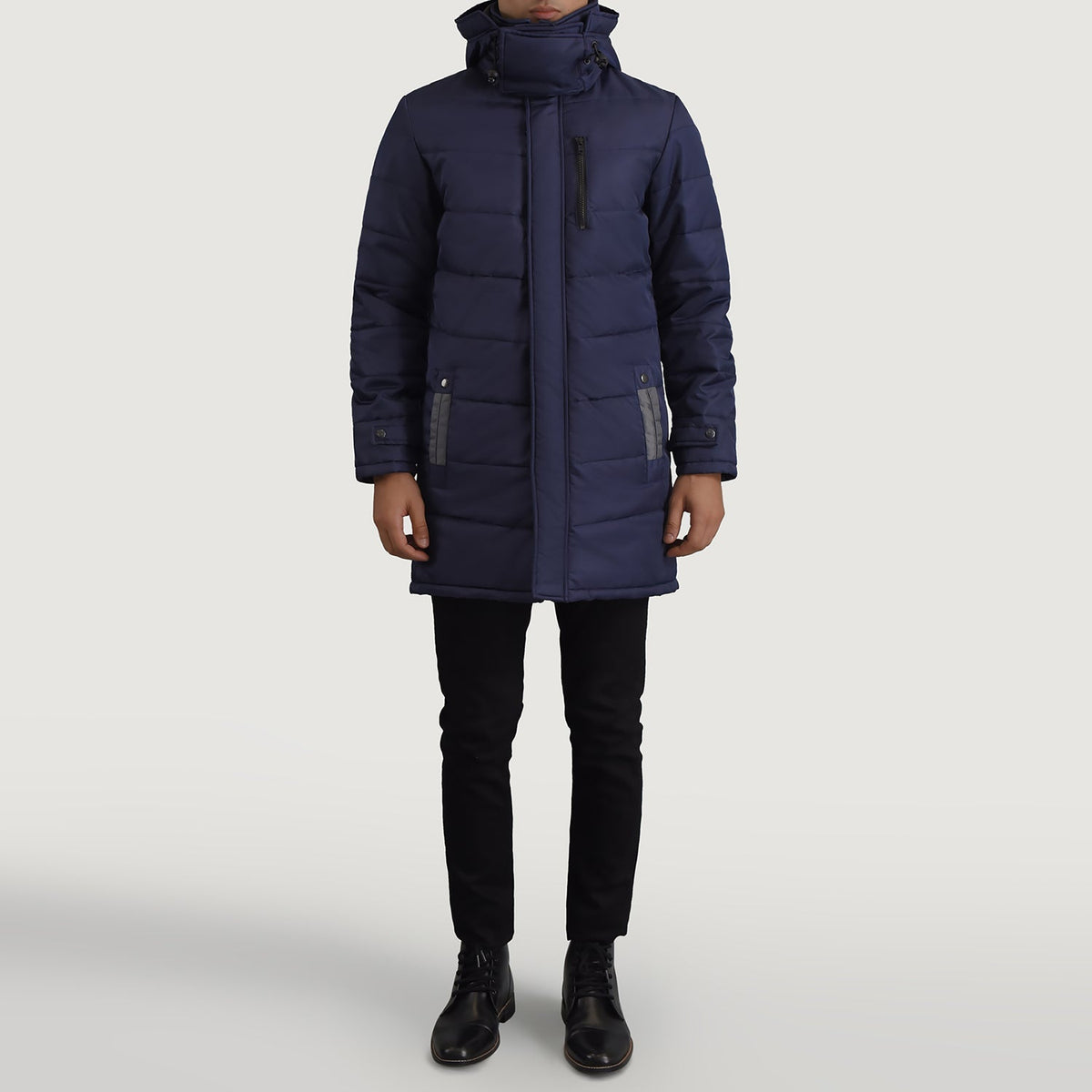 
Moore Bleu Hooded Parka pour Homme - Vue de profil mettant en valeur la coupe de manche ergonomique