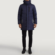 
Moore Bleu Hooded Parka pour Homme - Vue de profil mettant en valeur la coupe de manche ergonomique