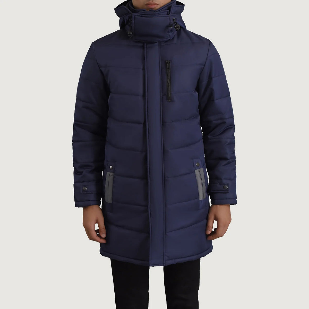 
Vue détaillée of Classic Collar & Zipper With Snap Button Placket Hardware on Moore Bleu Hooded Parka pour Homme