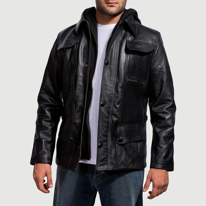 Moulder Hooded Noir Veste en Cuir pour Homme