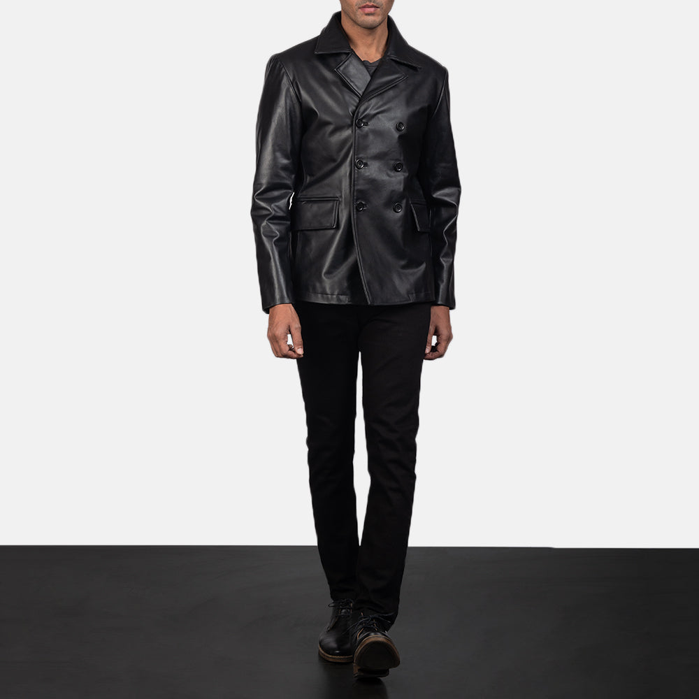 Men's Mr. Bailey Noir Leather Naval Peacoat pour Homme - Vue de profil avec coupe de manche ergonomique